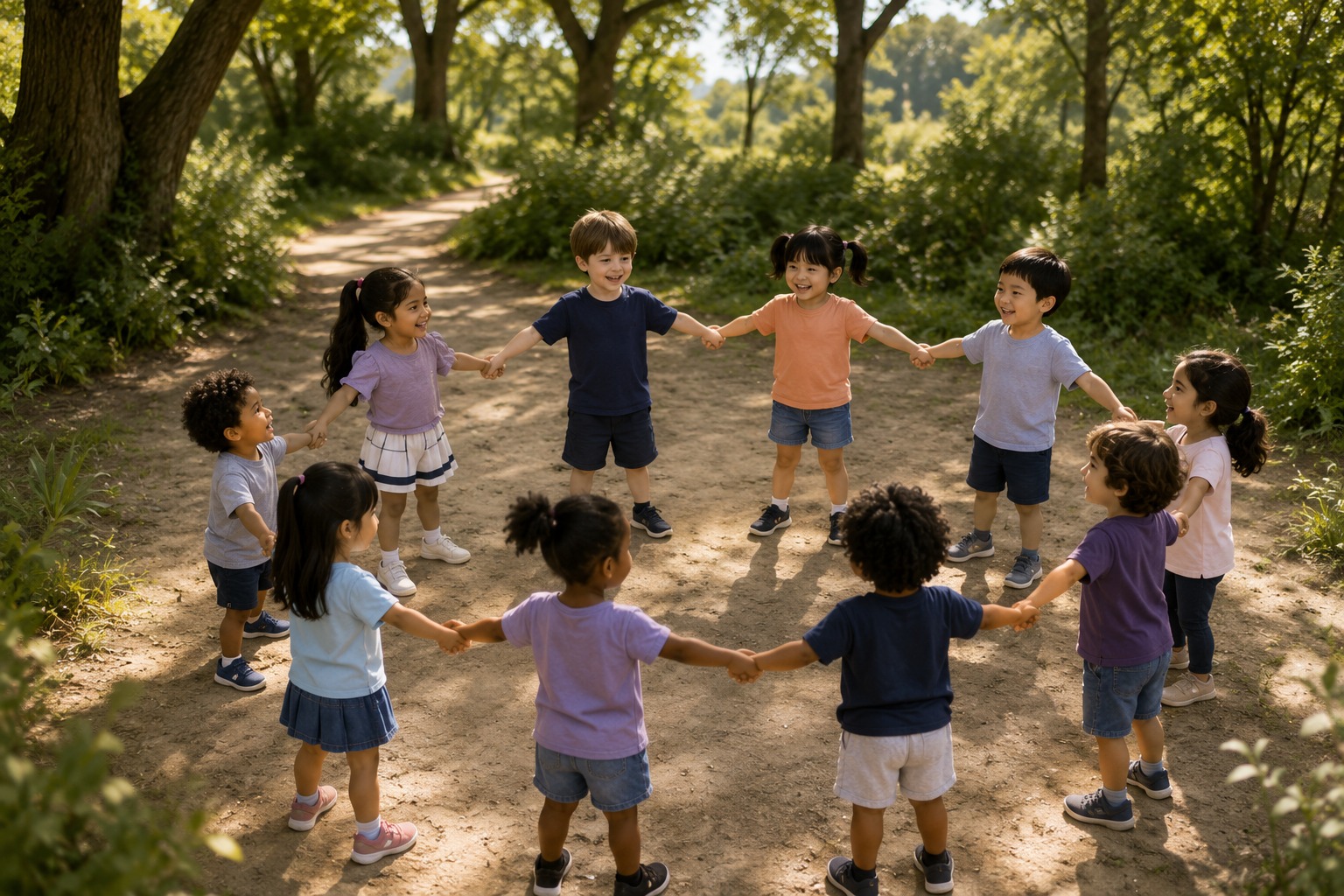 Children holding hands and playing outdoors