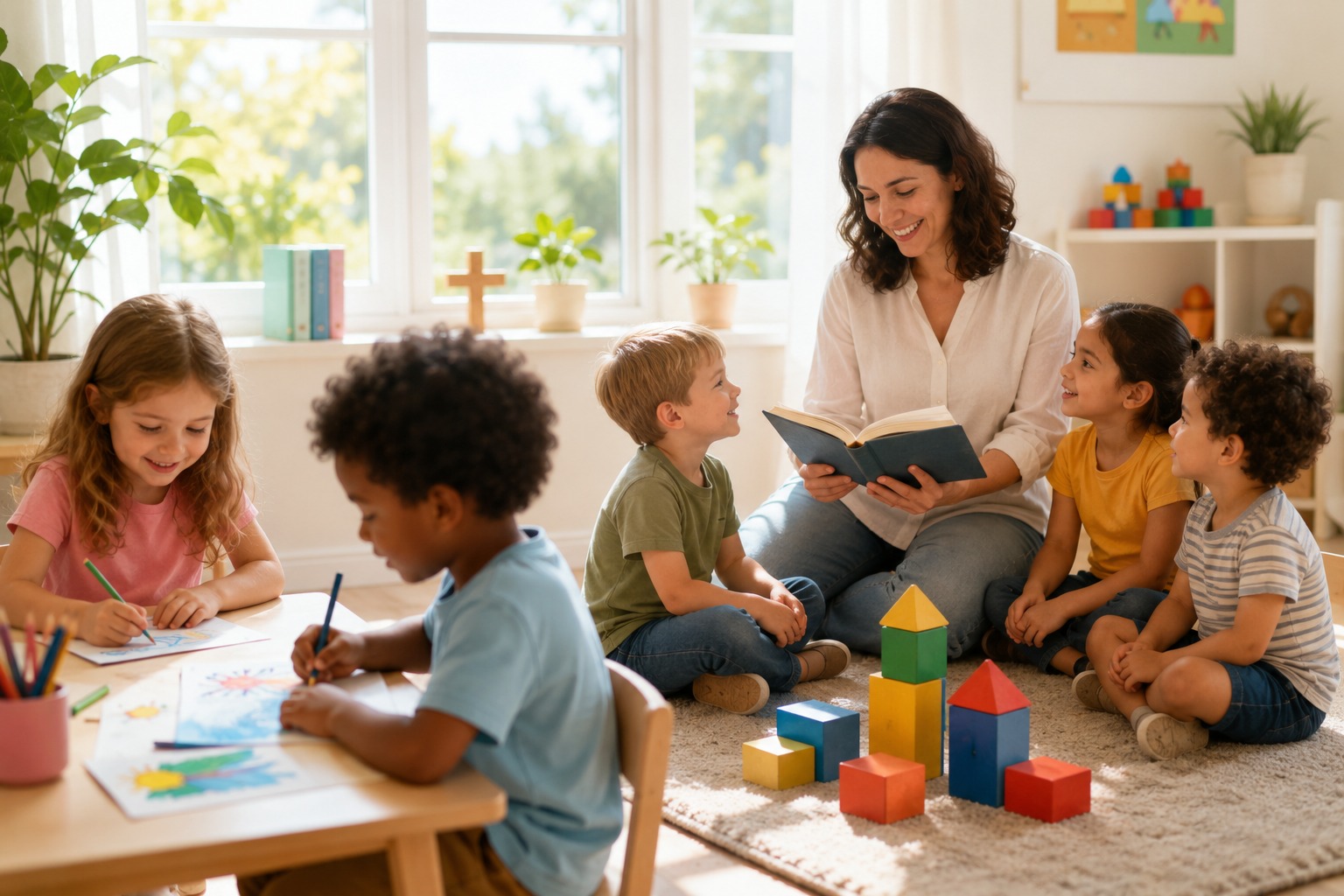 Mentor reading a book with a joyful group of children