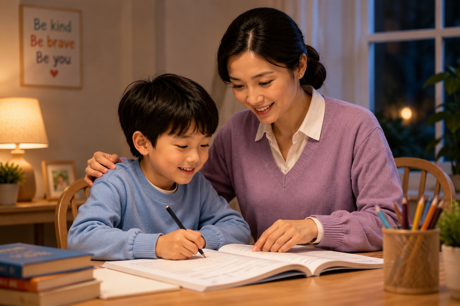 Parent helping a smiling child with schoolwork